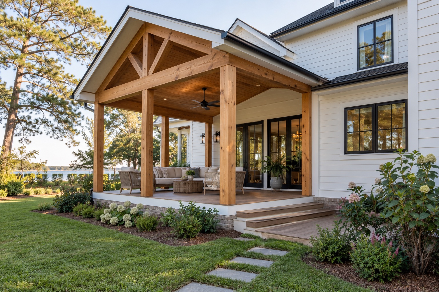 Sample covered porch addition with exposed timber framing